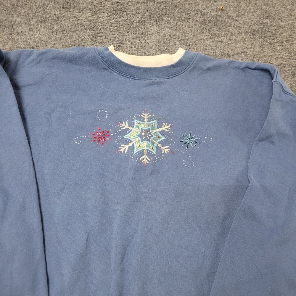 White Stag Sweatshirt Womens Size 2X Blue Snowflake Embroidered Sequin Holiday